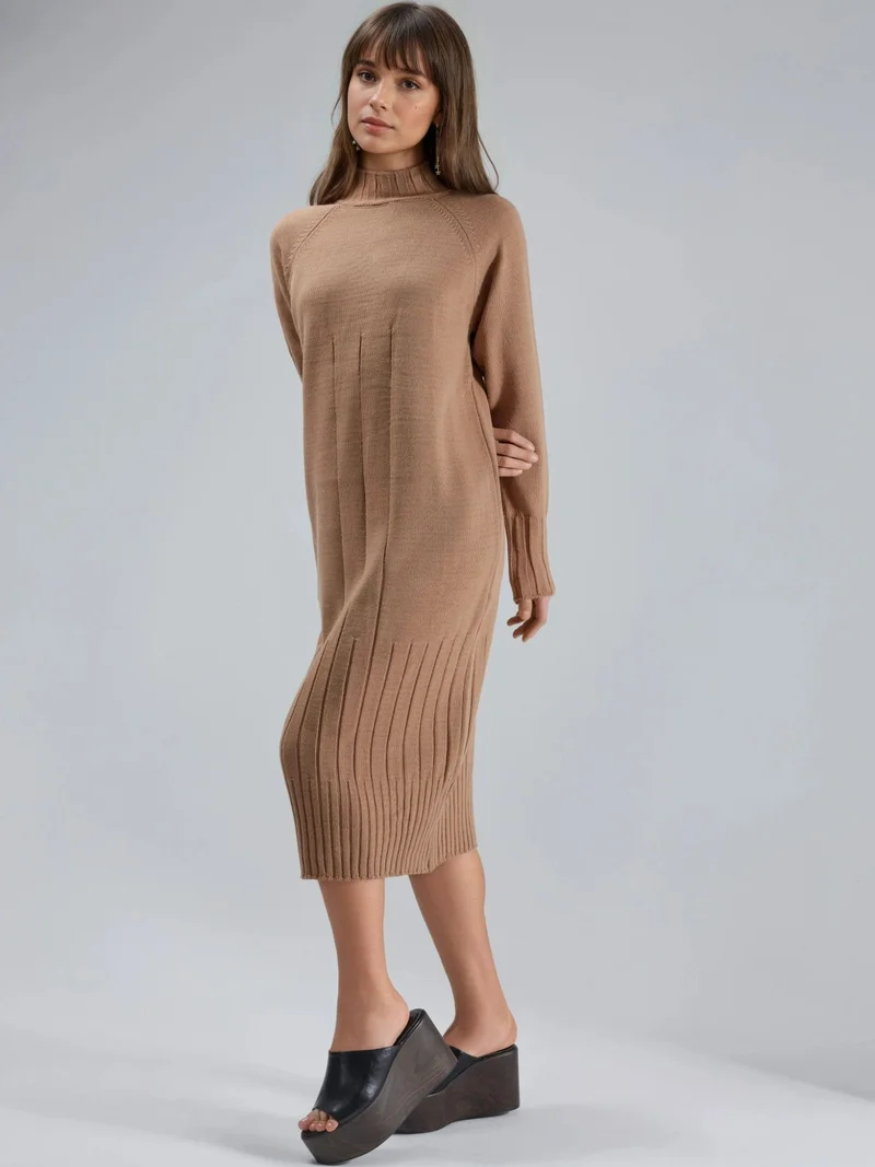 MY FASHION Camel Brown MY FASHION Half Turtleneck Midi Knitwear Dress for Women | Best Price UAE